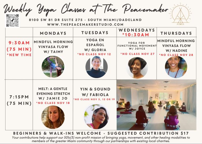 Yoga Schedule at the Peacemaker Nov.